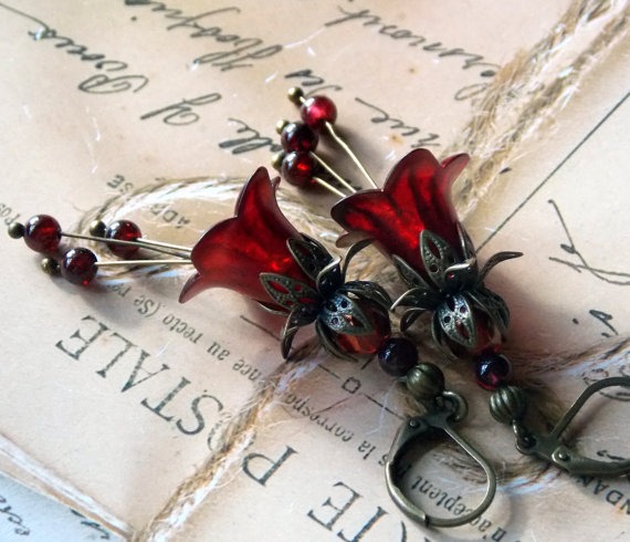Lucite Earrings, Bell Flower Earrings 'Copper Cranberry', Victorian Earrings, Boho Earrings, Drop Earrings, Red Earrings, Mother's Day Gift by EnglishVintageDesign steampunk buy now online