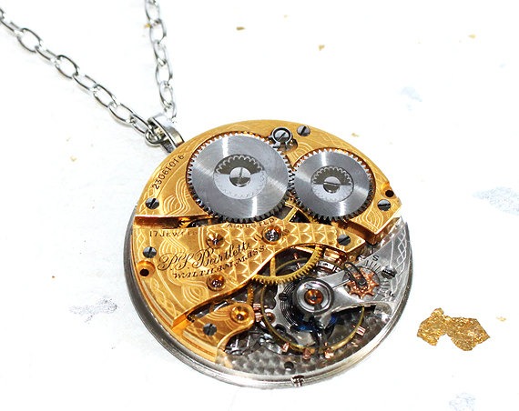 Steampunk Necklace - EXCEPTIONALLY RARE 97 Years Old Waltham Gold Gilt Antique Pocket Watch Movement Men Steampunk Necklace - Wedding Gift by TimeInFantasy steampunk buy now online
