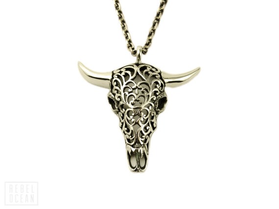 Buffalo Skull Necklace Jewelry Skull Charm Pendant with Chain Gothic Steampunk - FPE008 by RebelOcean steampunk buy now online