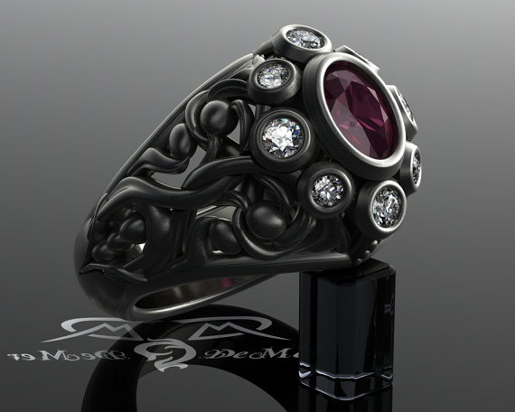 Ruby and diamond filigree engagement ring. 14kt antiqued black gold. Scrollwork Gothic Victorian vintage. Unique steampunk halo ring. DeMer. by DeMerJewelry steampunk buy now online