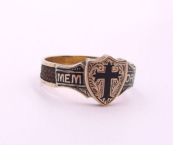 Victorian Mourning Ring | Antique 10ct Gold, Enamel and Woven Hair Ring 'MEMORY' | UK size Q ~ US size 8 by DaisysCabinet steampunk buy now online