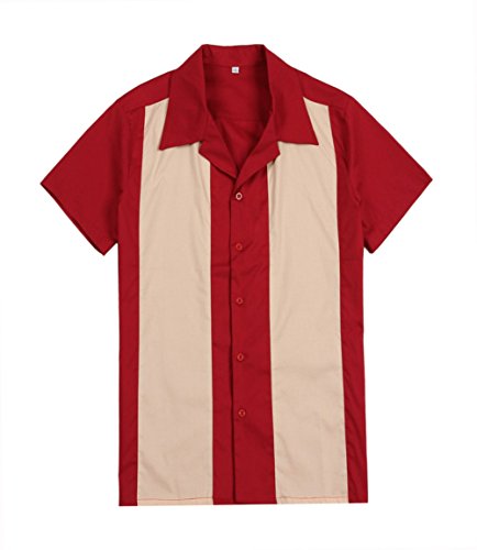Generic Men's 50s Male Clothing Rockabilly Style Casual Cotton Blouse Mens Fifties Bowling Red Dress Shirts (L) steampunk buy now online