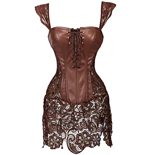 Kiwi-Rata Lady Faux Leather Lace Up Front Zipper Back Corset Goth Bustier (3XL/UK 16-18, Brown) steampunk buy now online