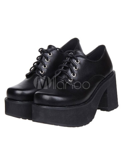 Gothic Black Lolita Square Heels Shoes Platform with Shoelace steampunk buy now online