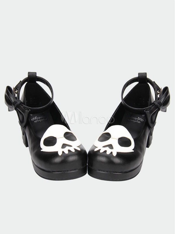 Gothic Black Lolita Shoes Square Heels White Skull Print Ankle Strap Bow Decor steampunk buy now online