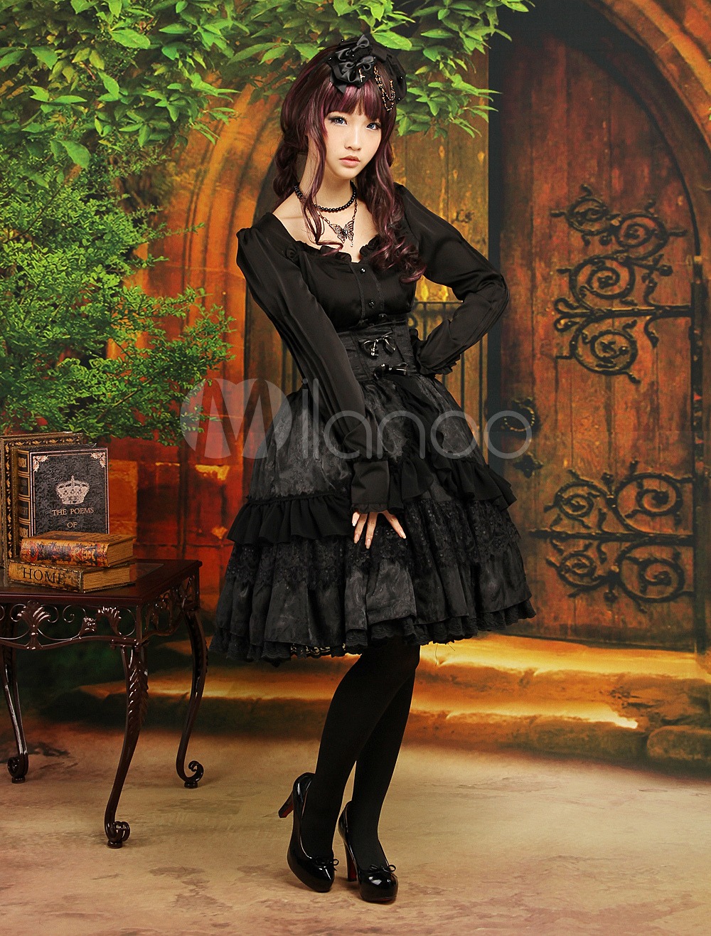 Gothic Black Layered Long Sleeves Elastic Silk Like Satin Jacquard Sweet Lolita Outfits steampunk buy now online