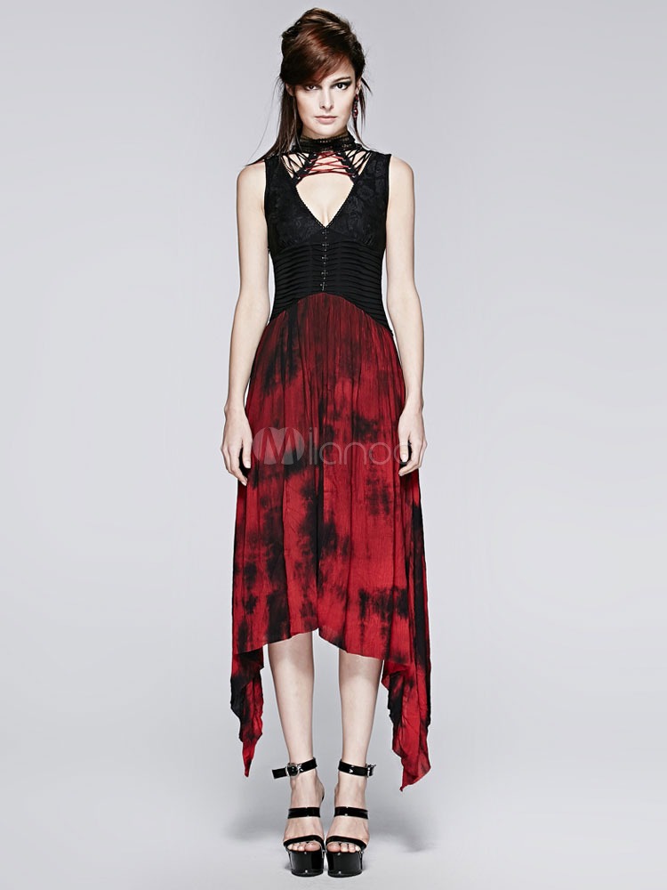 Red Print Gothic Asymmetric Maxi Dress steampunk buy now online
