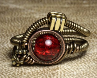 steampunk Jewelry Ring made by CatherinetteRings- Red Crackle glass beads steampunk buy now online