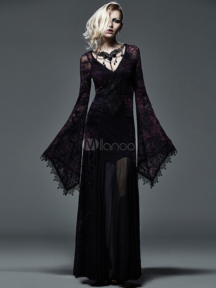 Dark Gothic Dress Lace Embroidery Trumpet Sleeves Steampunk Queen steampunk buy now online