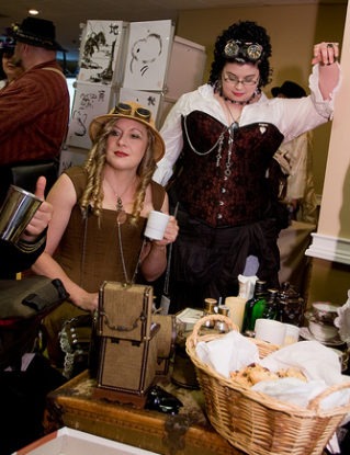 Madame von Hedwig takes tea with the Clockwork Dolls at Steampunk Worlds Fair steampunk buy now online