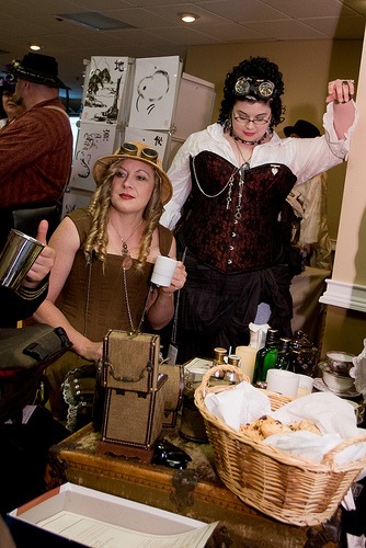 Madame von Hedwig takes tea with the Clockwork Dolls at Steampunk Worlds Fair steampunk buy now online