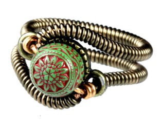 steampunk Jewelry wire ring with RARE Vintage Green bead with RED filigree 1960s steampunk buy now online