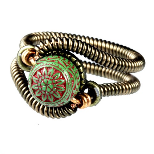 steampunk Jewelry wire ring with RARE Vintage Green bead with RED filigree 1960s steampunk buy now online