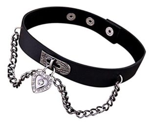 Black Collar Choker and Silver Heart Chain Faux Leather Gothic Punk Accessory steampunk buy now online