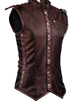 Charmian Men's Spiral Steel Boned Victorian Steampunk Gothic Retro Stripe Waistcoat Vest with Chain Brown Medium steampunk buy now online