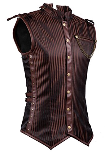Charmian Men's Spiral Steel Boned Victorian Steampunk Gothic Retro Stripe Waistcoat Vest with Chain Brown Medium steampunk buy now online