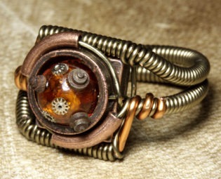 Steampunk Jewelry Ring made by CatherinetteRings with Amber and clock parts and gears inlay steampunk buy now online