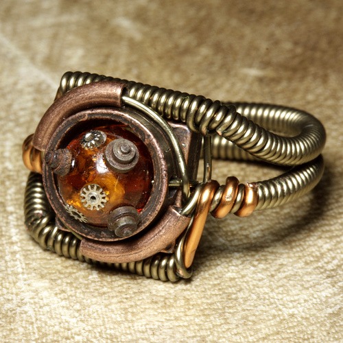 Steampunk Jewelry Ring made by CatherinetteRings with Amber and clock parts and gears inlay steampunk buy now online