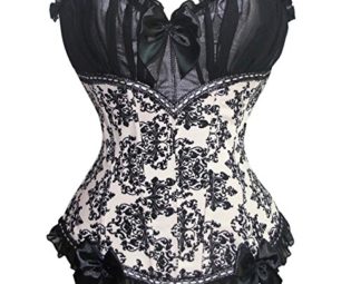 Pinkyee Women's Sexy Floral Gothic Lolita Corset Bow-Knot Waist Cincher Underbust Black White Medium steampunk buy now online