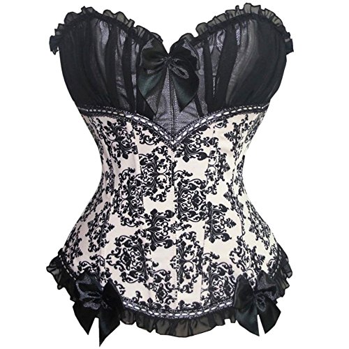 Pinkyee Women's Sexy Floral Gothic Lolita Corset Bow-Knot Waist Cincher Underbust Black White Medium steampunk buy now online