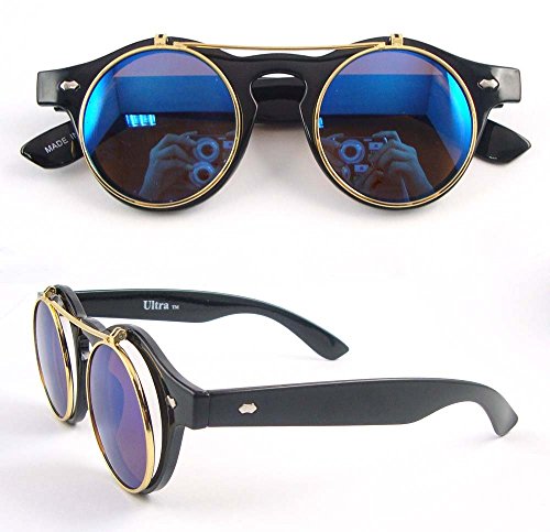 Ultra ® Bright Black Frame Blue Lenses Flip up Circle Steampunk high quality Goggles Glasses Retro Round Cyber UV400 UVA UV Top quality premium Sunglasses including a micro fibre carry pouch steampunk buy now online