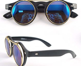 Ultra ® Bright Black Frame Blue Lenses Flip up Circle Steampunk high quality Goggles Glasses Retro Round Cyber UV400 UVA UV Top quality premium Sunglasses including a micro fibre carry pouch steampunk buy now online