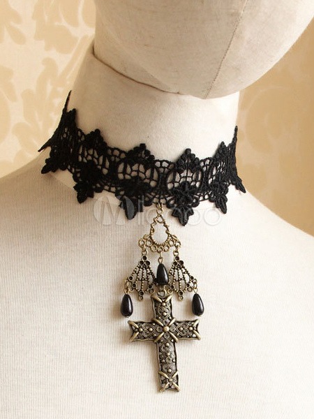 Gothic Black Embroidery Woven Lolita Bracelet Cross Beads Pendant steampunk buy now online