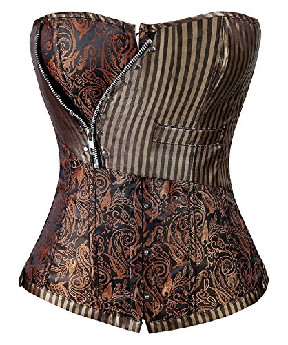 Kiwi-Rata Women's Jacquard Strip Overbust Burlesque Corset Bustier Top with G-string steampunk buy now online