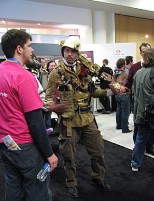 Steampunk attire on the GDC expo floor, promoting Zeitguyz steampunk buy now online