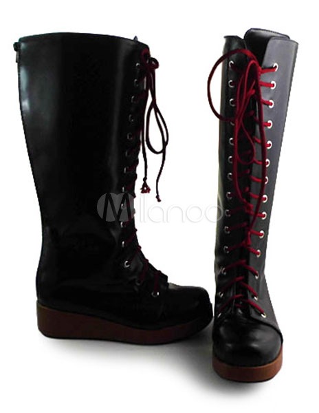 Gothic Black Lolita Boots with Wine Shoelace steampunk buy now online
