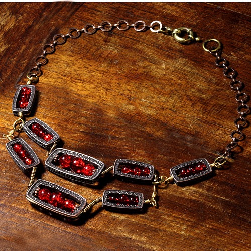 Steampunk Jewelry made by CatherinetteRings - Necklace Red Crackle beads steampunk buy now online