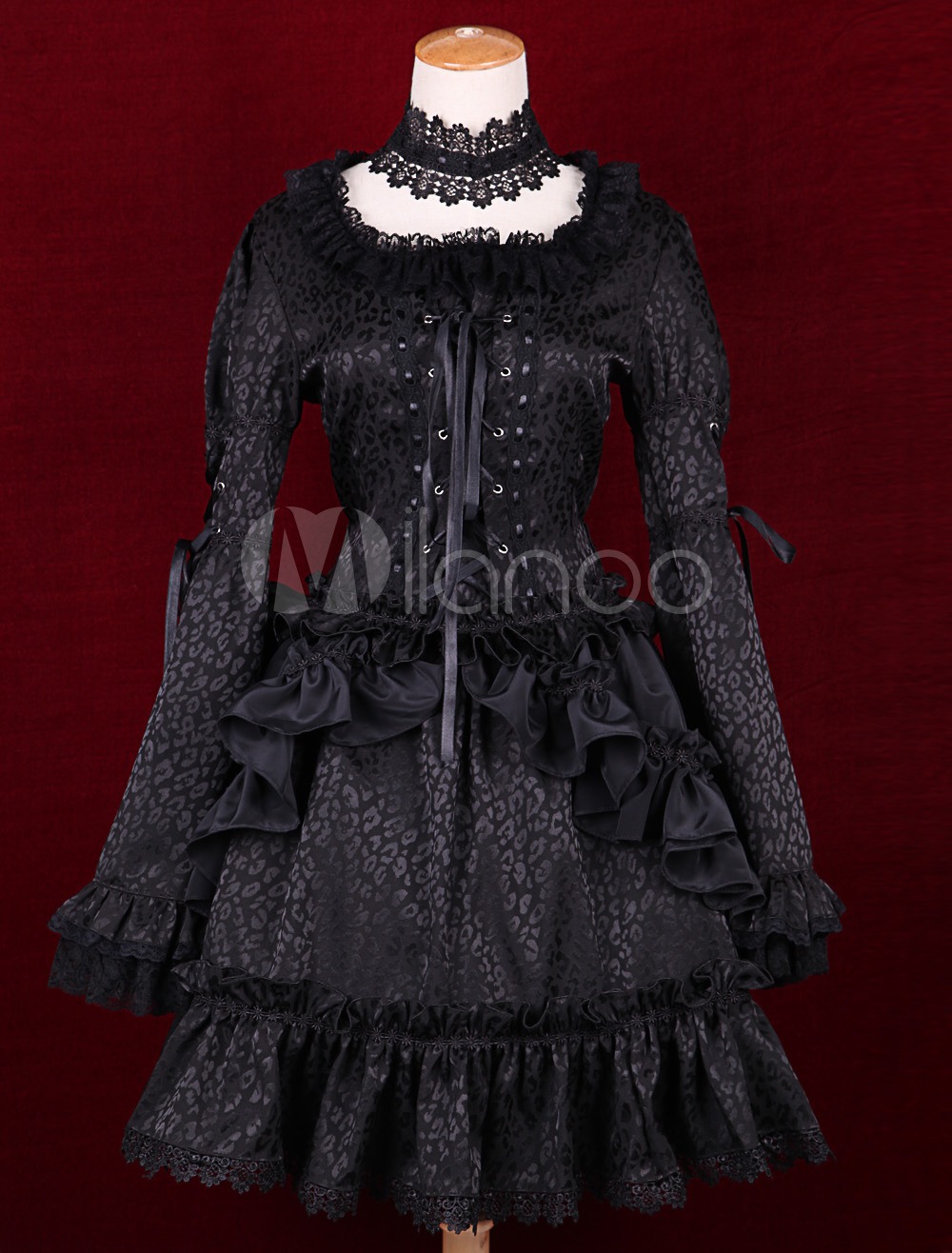 Black Satin Square Neck Long Sleeves Ruffles Gothic Lolita Dress steampunk buy now online