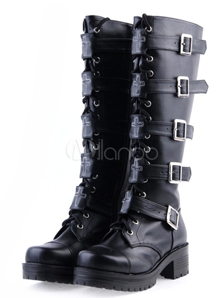 Gothic Black Lolita Boots Square Heels Platform Shoelace Straps Buckles steampunk buy now online