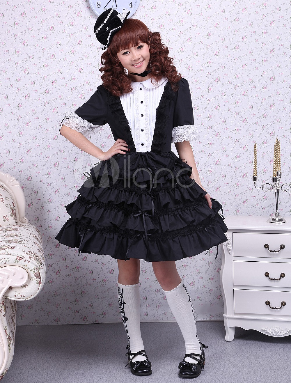 Black And White Buttons Lace Cotton Gothic Lolita Dress steampunk buy now online