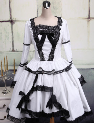 Eleagant White Lolita OP Dress Long Sleeves Black Lace Trim Two-layer steampunk buy now online