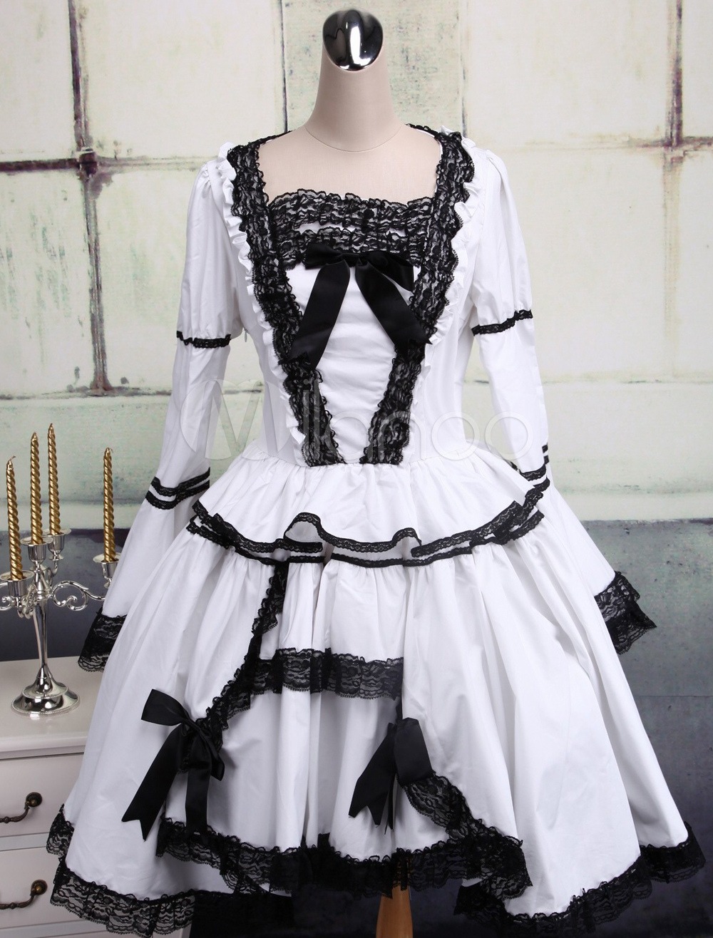 Eleagant White Lolita OP Dress Long Sleeves Black Lace Trim Two-layer steampunk buy now online