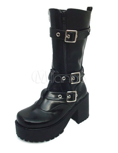 Gothic Black Lolita Boots Chunky Square Heels Platform Straps Buckles steampunk buy now online