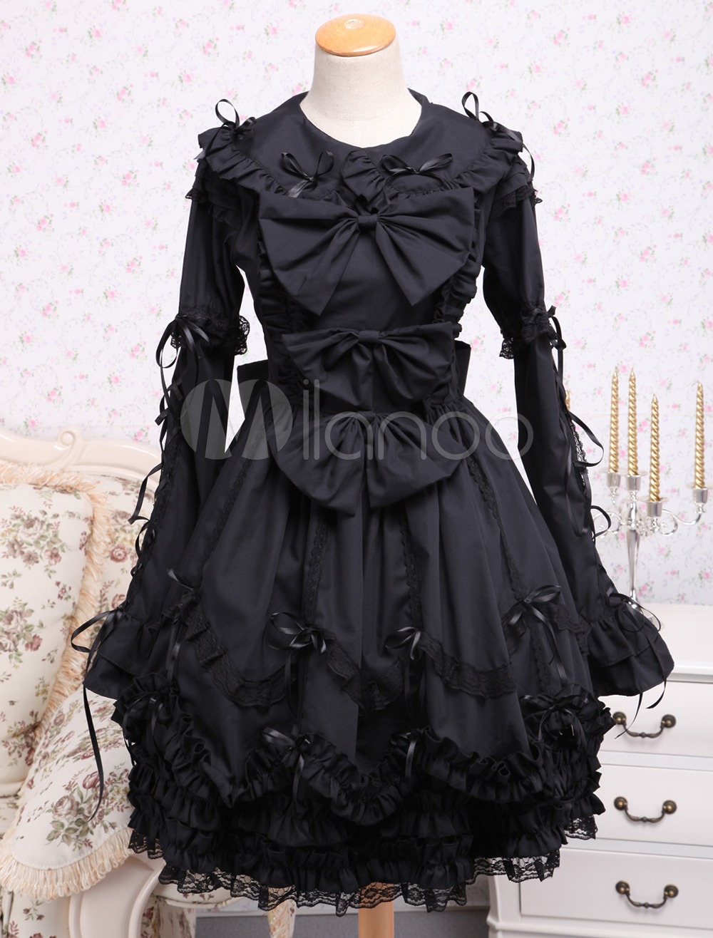 Elegant Gothic Black Cotton Lolita OP Dress Long Sleeves Lace Trim Bows Ruffles steampunk buy now online