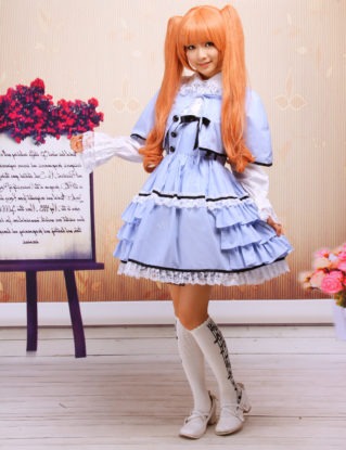 Blue White Cotton Long Sleeves Ruffled Cape Lolita Outfit steampunk buy now online