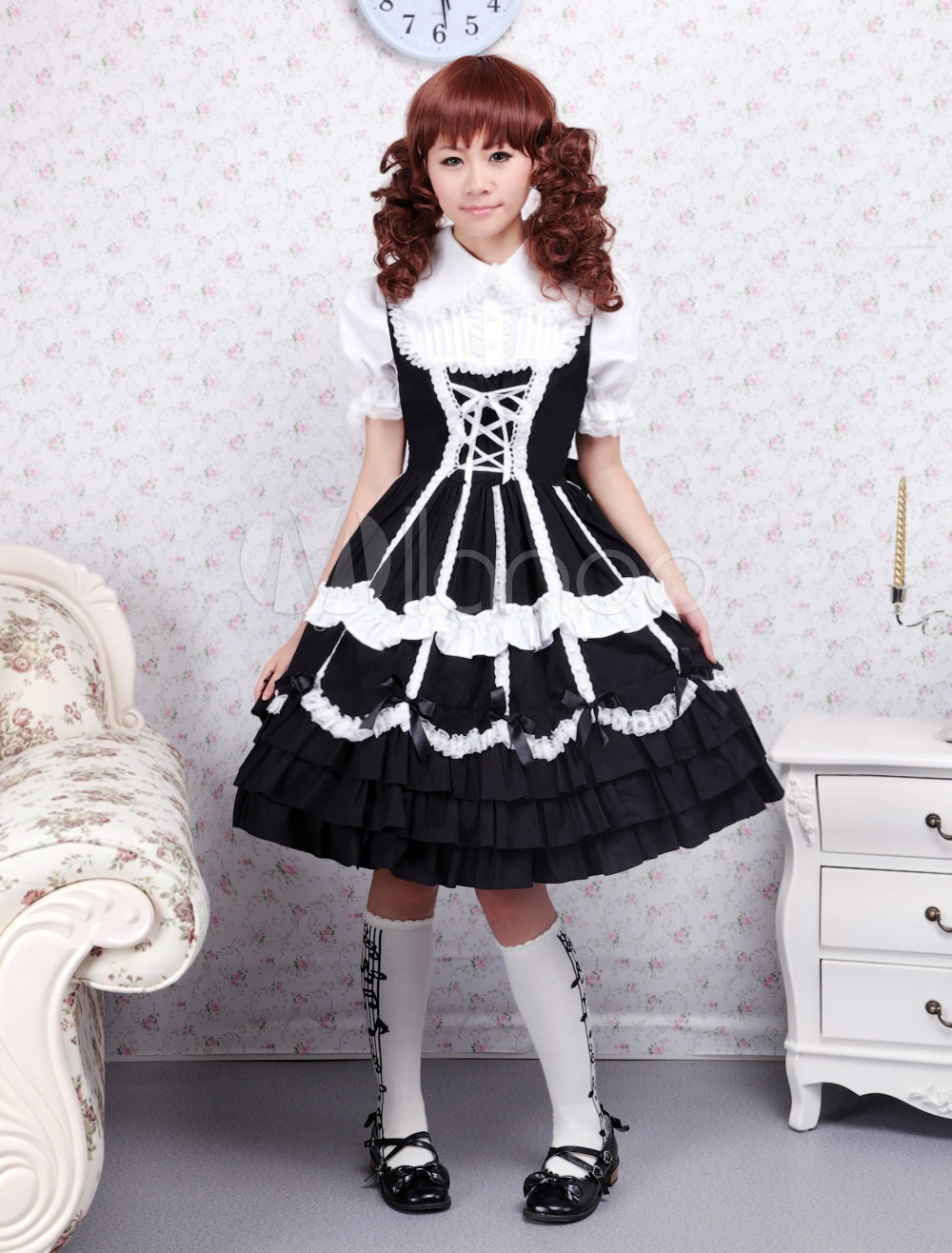Cotton Black Lace Ties Gothic Lolita Dress steampunk buy now online