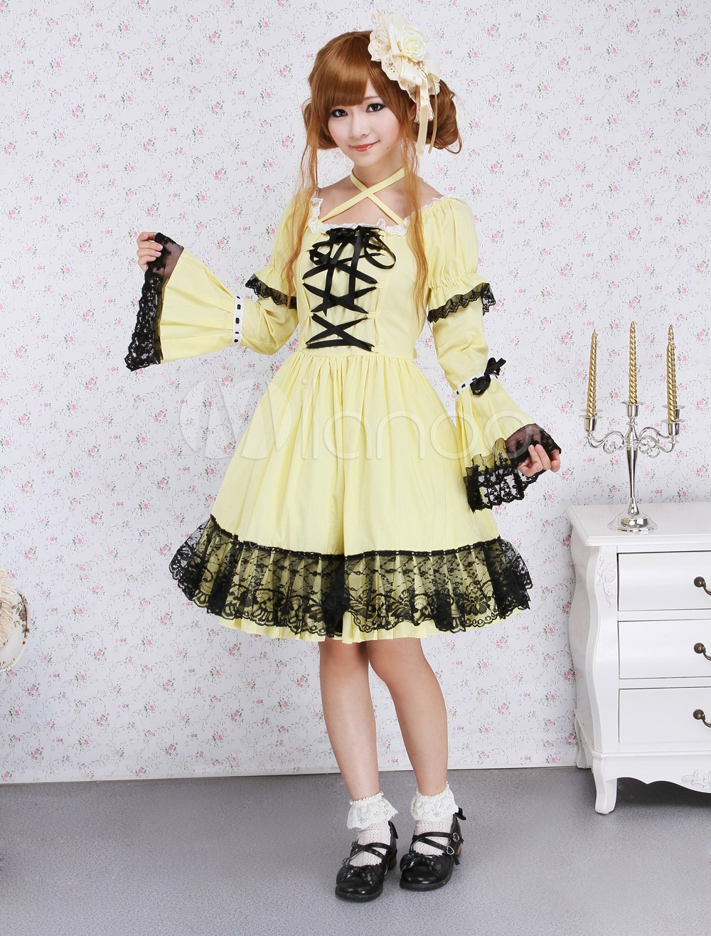 Cotton Yellow Lace Gothic Lolita Dress steampunk buy now online