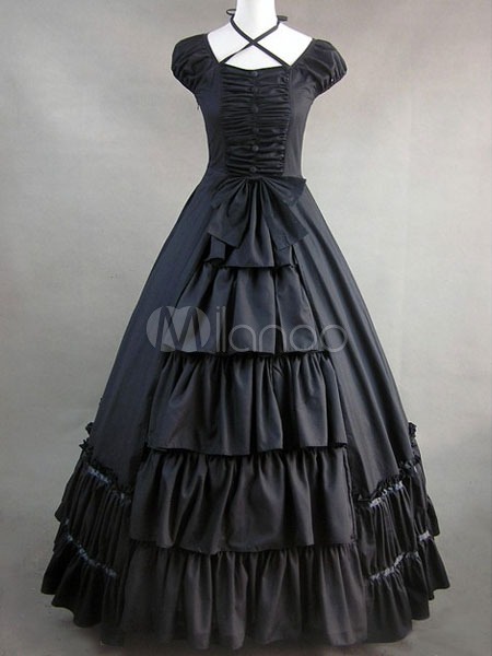 Elegant Gothic Lolita Victorian Black Ruffled Cotton Long Formal  Dress steampunk buy now online