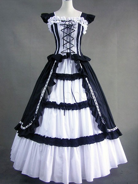 Gothic Victorian Black and White Long Lolita Dress steampunk buy now online