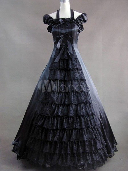 Gothic Lolita Renaissance Black Halter Multi-layer Satin Long Dress steampunk buy now online