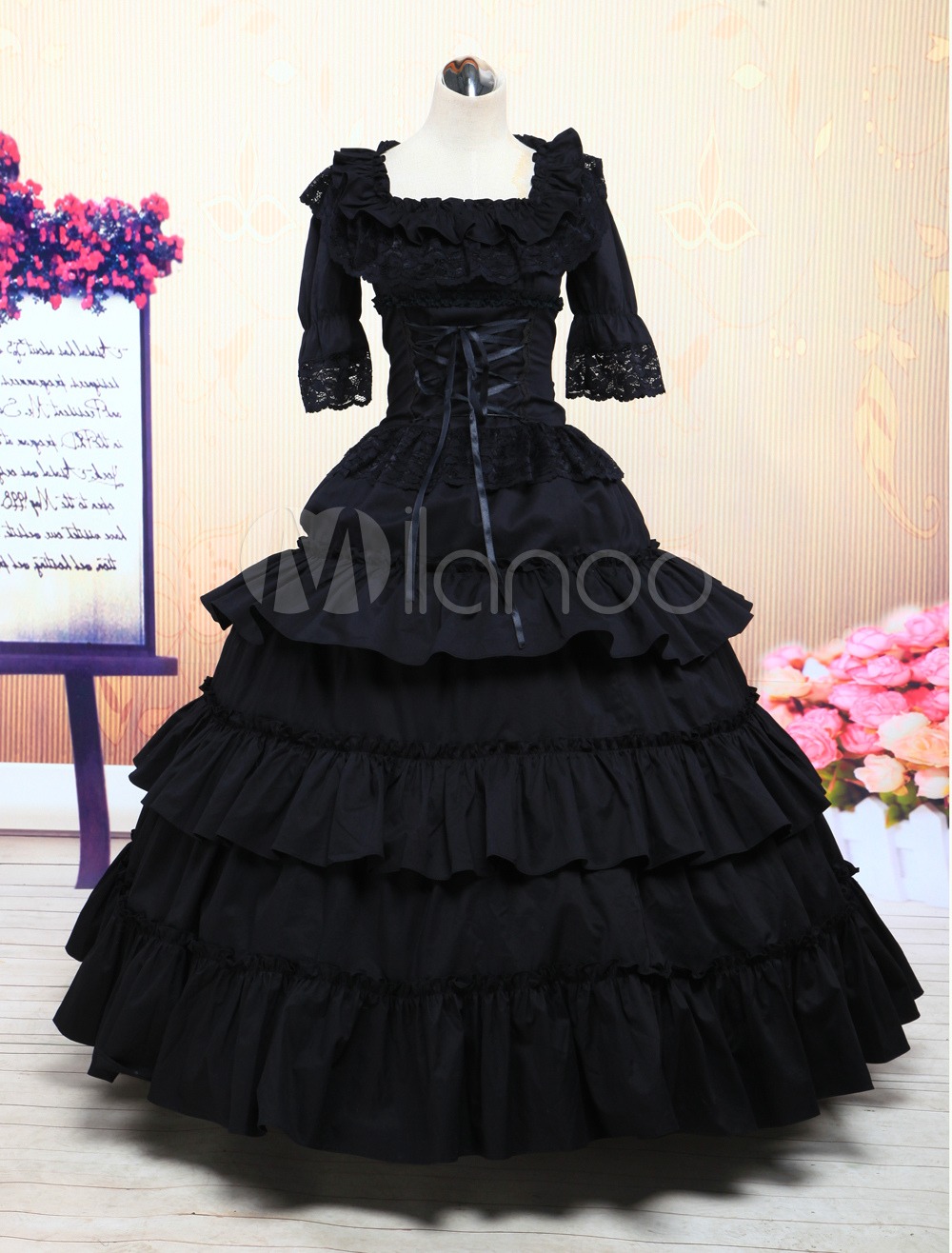 Gothic Lolita Victorian Black Ruffled Cotton Floor Length Long Dress steampunk buy now online