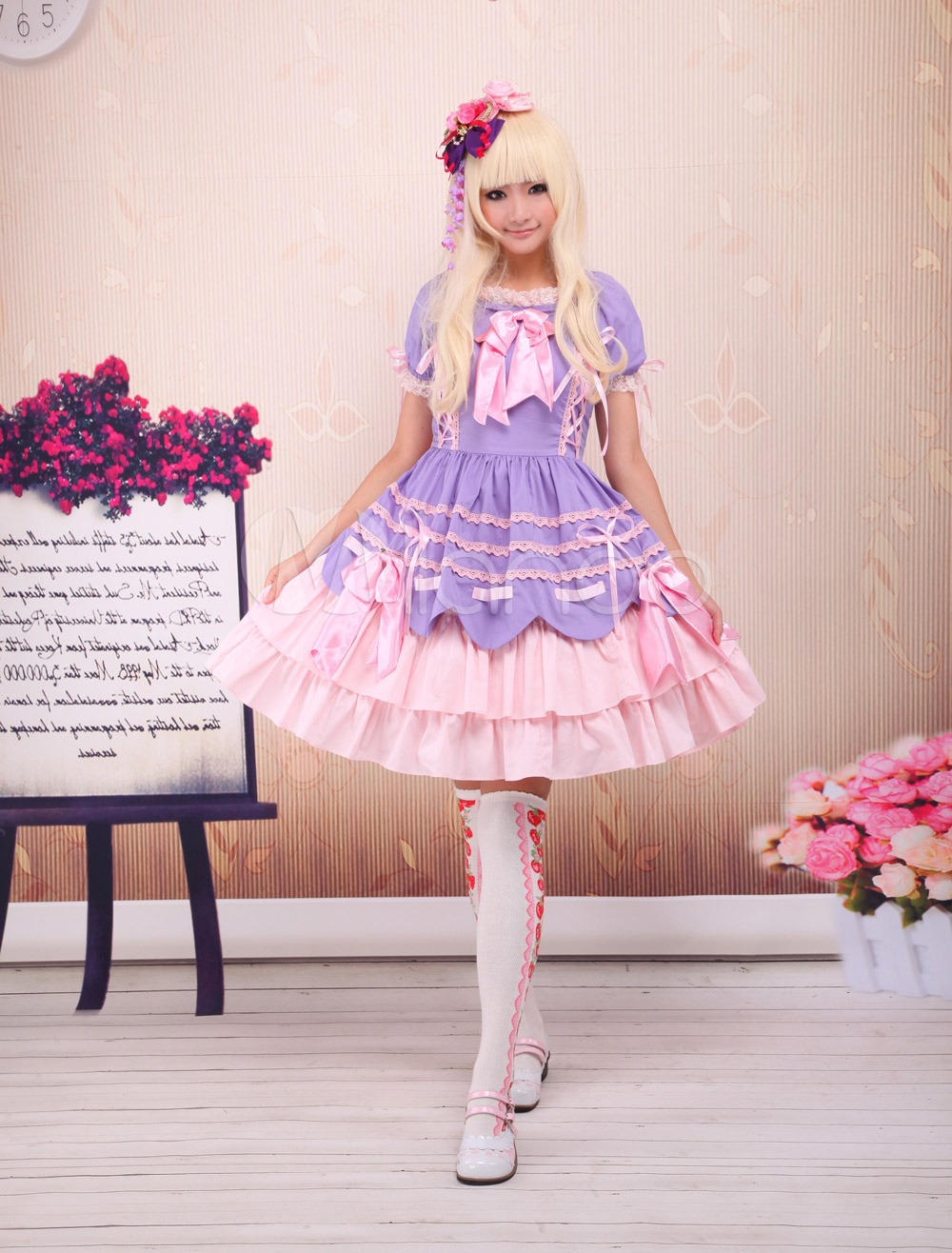 Sweet Purple Pink Lolita OP Dress Short Sleeves Layers Bows and Trim steampunk buy now online