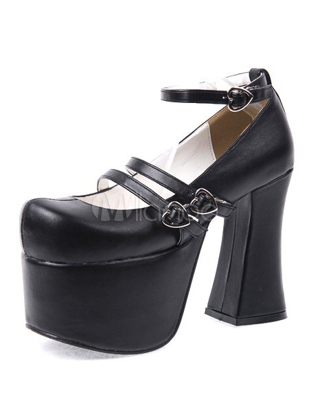 Gothic Black Lolita Chunky Heels Shoes High Platform Shoes Straps Heart Shape Buckles steampunk buy now online