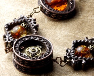 steampunk Jewelry made by CatherinetteRings Necklace - OOAK MYSTERIOUS AMBER with vintage clock gears and parts steampunk buy now online