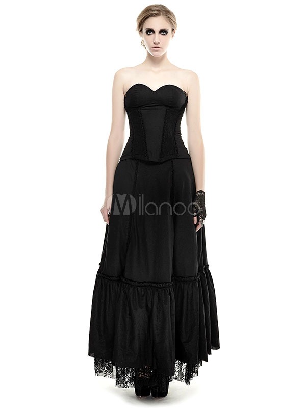 Gothic Strapless Lolita Dress Black Tiered Cotton Flax Dress steampunk buy now online
