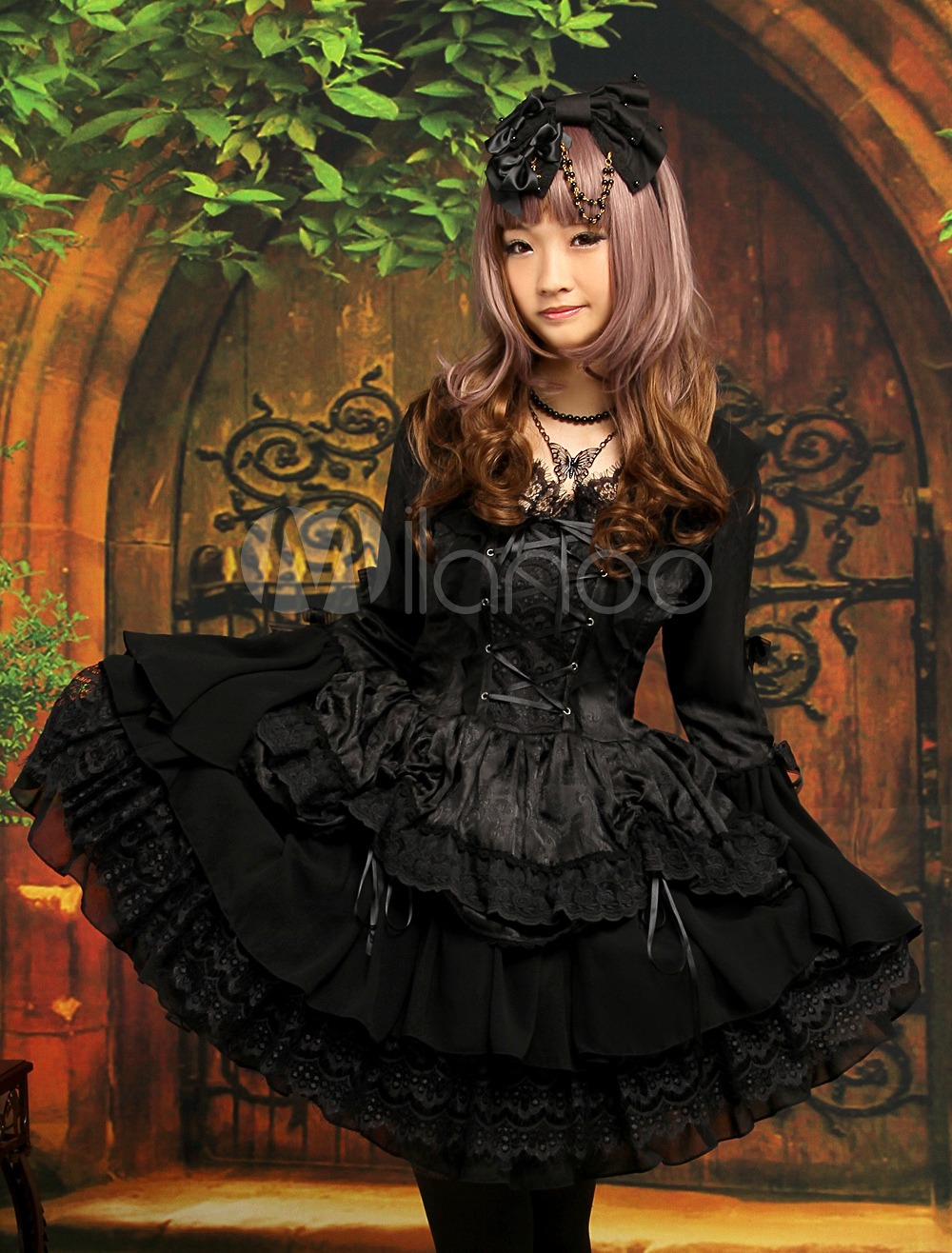 Classic Black Lolita One-piece Dress Long Hime Sleeves Lace Up Layers Lace Trim steampunk buy now online